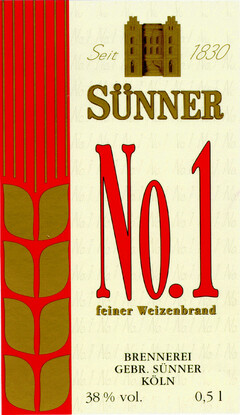 Seit 1830 SÜNNER No. 1 feiner Weizenbrand BRENNEREI GEBR. SÜNNER KÖLN