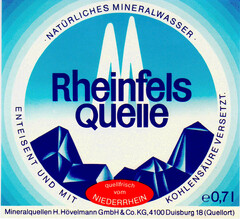 Rheinfels Quelle   NATÜRLICHES MINERALWASSER   ENTEISENT UND MIT KOHLENSÄURE VERSETZT.