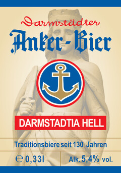 Darmstädter Anker-Bier DARMSTADTIA HELL Traditionsbiere seit 130 Jahren 03,,l Alk. 5,4% vol.