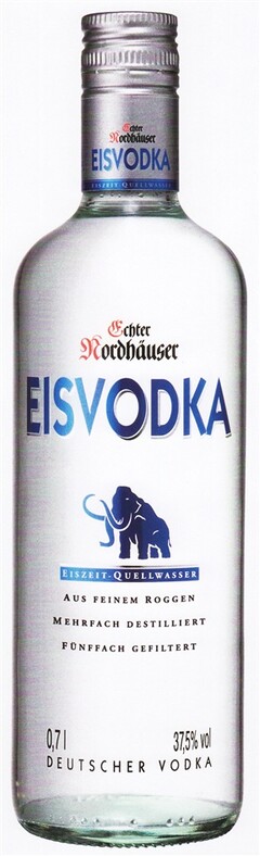 Echter Nordhäuser EISVODKA EISZEIT-QUELLWASSER AUS FEINEM ROGGEN MEHRFACH DESTILLIERT FÜNFFACH GEFILTERT 0,7 l 37,5 % vol DEUTSCHER VODKA