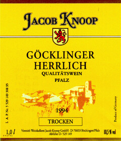 JAKOB KNOOP GÖCKLINGER HERRLICH QUALITÄTSWEIN PFALZ 1994 TROCKEN