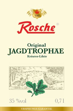 1792 Rosche Original JAGDTROPHÄE Kräuter-Likör 35 %vol 0,7 l URSPRUNGS-GARANTIE