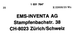 EMS-INVENTA AG Stampfenbachstr. 38 CH-8023 Zürich/Schweiz