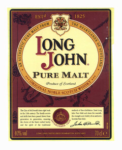 LONG JOHN PURE MALT Produce of Scotland AN AUTHENTIC PURE MALT FROM THE HEARTLANDS OF SCOTLAND ORIGINAL NOBLE SCOTCH WHISKY