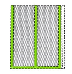 The mark consists of lime green colour applied on bands of varying lenghts and dimensions that appear along the edge and vertically through the goods as shown in the drawing, the grid matter and the matter in dotted lines being used only to show positioning of the lime green bands on the goods.