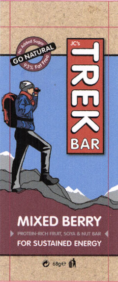 JC´S TREK BAR MIXED BERRY PROTEIN-RICH FRUIT, SOYA & NUT BAR FOR SUSTAINED ENERGY