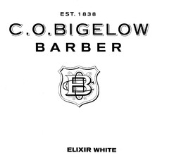 EST. 1838 C.O. BIGELOW BARBER B ELIXIR WHITE