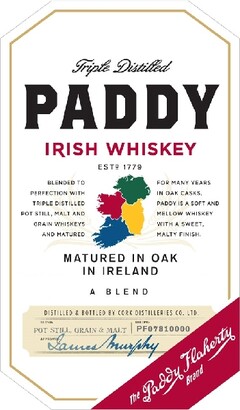Triple Distilled PADDY IRISH WHISKEY matured in oak in Ireland a blend the Paddy Flaherty brand