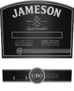 Jameson. Established since 1780. Sine Metu. The master blender's special selection of very old Jameson Irish whiskey. A rare whiskey matured in handpicked oak casks for at least eighteen years. John Jameson & Son. JJ&S.