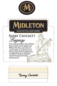 "M", Midleton,  SINGLE POST IRISH WHISKEY Barry Crockett, Legacy, From second generation master Distiller, Barry Crockett and the legend that is Midleton Very Rare, comes this very special whiskey. A careful selection of old and elegant Pot Still whi