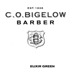 EST. 1838 C.O. BIGELOW BARBER B ELIXIR GREEN