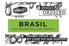 MiNGES MINGES ORIGINS BRASIL 100 % REINER HOCHLAND-ARABICA GOURMET COFFEE. MIT LIEBE VON HAND GERÖSTET.