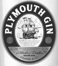 PLYMOUTH GIN, in 1620 the mayflower set sail from plymouth on a journey of hope and discovery Blackfriar's Distillery protected status Coates & Co