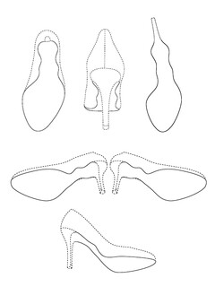 The trade mark is a position mark consisting of a visible sole with a wavelike midsection (as shown) applied to the base of a heeled shoe. The outline of the shoe and the heel serves only to demonstrate the position of the trade mark and does not form part of the trade mark itself.