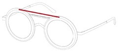 La marque est constituée d’une double barre positionnée sur la partie haute d’une monture de lunettes (la forme de la monture de lunettes représentée en pointillés ne fait pas partie de la marque mais permet d’indiquer la position de la marque), étant précisé que la barre supérieure de cette double barre est de couleur rouge "Pantone 186C".