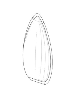 Container in the shape of an almond. Two notches located at the top of the container. The container edges are extremely flat, enhancing the whole almond shape.