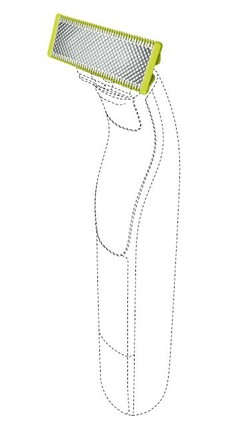 The trademark is a position trademark and consists of the colour Lime "(PMS 382)", applied on the edges of a cutting element that partially covers the edges as well as the top of the  razor blade and partly the rear part of the shaver head. The razor is represented by dotted lines to indicate the exact position of the colored edges of the cutting element. As such no protection is claimed for the razor in itself represented by dotted lines.
Color: Lime green "(PMS 382)".