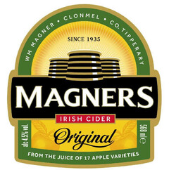 MAGNERS IRISH CIDER WM MAGNER CLONMEL CO. TIPPERARY SINCE 1935 568 ML ℮ ALC 4.5% VOL. ORIGINAL FROM THE JUICE OF 17 APPLE VARIETIES