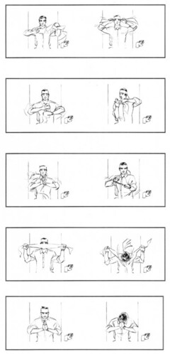 The trademark consists of a sequence of animated images representing: Image 1: a man is sitting on a toilet bowl and holding a toilet paper roll in his right hand. He pulls the toilet paper sheets and unrolls a long strip of toilet paper. He puts it around his head and ties it at the back of his head. Image 2: the same man ties strip of toilet paper round his right hand. He keeps his right hand vertically and he continues wrapping it up in paper. Image 3: the same man twists in his hands a nunchaku of toilet paper. He stands in Kung fu fighting position with his nunchaku. Image 4: the same man stretches a stripe of toilet paper between his two hands and keeps it in front of his face. He bangs his head on the paper stripe and cuts it in two parts. Image 5: the same man closes his eyes and puts his hands together in front of him. He bows his head down.