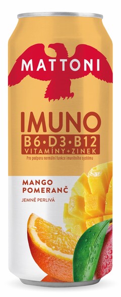 MATTONI IMUNO B6 D3 B12 VITAMÍNY + ZINEK Pro podporu normální funkce imunitního systému MANGO POMERANČ JEMNĚ PERLIVÁ