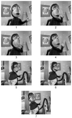 The trade mark consists a moving image of an animated monkey housewife character illustrated in the first frame of the sequence who is depicted in frames 2-7 in a family home, sniffing the air before tidying up as represented in the sequence of still pictures attached.