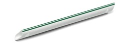 Märket avser utstyrsel/3D-varumärke. Märket är utfört i vitt med två parallella gröna linjer löpande i rörets längdriktning.