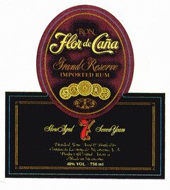 RON Flor de Caña Grand Reserve IMPORTED RUM Slow Aged 7 Seven Years Distilled Slow Aged & Bottled by Compañia Licorera de Nicaragua, S. A. Product of Central America Made in Nicaragua 40% VOL. - 750ml