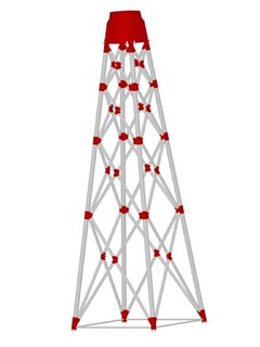 Beansprucht wird eine kombinierte dreidimensionale Marke und Farbmarke. Die Knoten, an denen mehrere graue Rohre bzw. Stangen zusammentreffen, sind rot. Ebenso ist das obere Kopfteil rot.