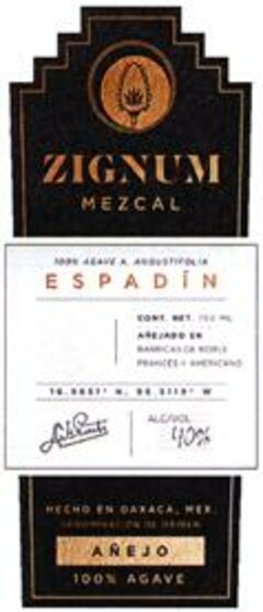 ZIGNUM MEZCAL ESPADÍN HECHO EN OAXACA, MEX. AÑEJO 100% AGAVE