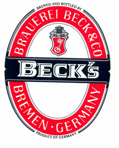 BECK´s BREWED AND BOTTLED BY BRAUEREI BECK & CO BREMEN GERMANY PRODUCT OF GERMANY