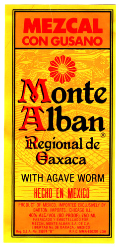 MEZCAL CON GUSANO Monte Alban Regional de Oaxaca WITH AGAVE WORM HECHO EN MEXICO