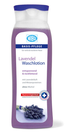 WIBU BASIS-PFLEGE für reife & trockene Haut Lavendel Waschlotion entspannend & rückfettend mit Lavendelduft und Weizenproteinen ohne Alkohol Hautverträglichkeit DERMATOLOGISCH GETESTET WIBU PFLEGEPRODUKTE DAS PLUS IN DER PFLEGE