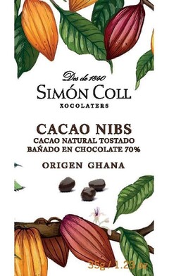 SIMON COLL - CACAO NIBS Des de 1840  XOCOLATERS  CACAO NATURAL TOSTADO  BAÑADO EN CHOCOLATE 70%  ORIGEN GHANA