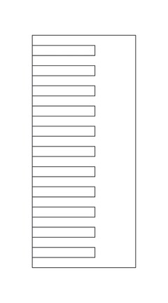 Elf horizontal ausgerichtete, vertikal übereinander beabstandet angeordnete Rechtecke, die sich am linken Rand eine großen, vertikal ausgerichteten Rechtecks befinden.