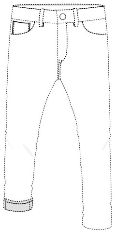 Die Marke ist eine Positionsmarke und besteht aus einem Streifen an dem Saum der Jeans-Hose, der auf der Innenseite des Bekleidungsstückes zu sehen ist. Die Positionsmarke wird durch das Umschlagen des unteren Teils des Beins der Jeans-Hose – der sogenannte Hosenaufschlag – auf der Außenseite des Bekleidungsstückes sichtbar. Der Streifen verläuft senkrecht am äußeren unteren Rand des aufgeschlagenen Beins des Bekleidungsstückes. Die gepunkteten Linien dienen lediglich zur Darstellung der Position der Marke und sind nicht Bestandteil der Marke.