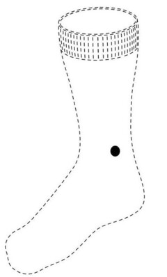 The trade mark is a positional mark and consists of a circular dot affixed permanently to the ankle portion of a sock. The sock shown in broken lines on the drawing serves to show the positioning of the circular dot and the applicant makes no claim to the matter shown in broken lines.