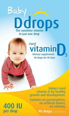 Baby Ddrops The sunshine vitamin in just one drop Liquid vitamin D3 Dietary supplement 90
drops for 90 days Babies need vitamin D for healthy growth and development. Contains no
preservatives, no artificial flavors, no coloring.