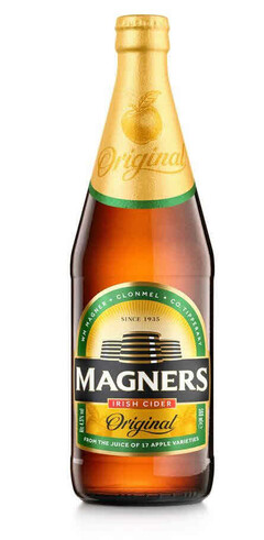 MAGNERS IRISH CIDER ORIGINAL CLONMEL WM MAGNER SINCE 1935 CO.TIPPERARY ALC 4.5% VOL ORIGINAL FROM THE JUICE OF 17 APPLE VARIETIES