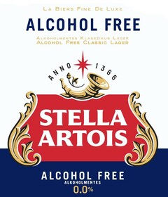 LA BIÈRE FINE DE LUXE ALCOHOL FREE ALKOHOLMENTES KLASSZIKUS LAGER ALCOHOL FREE CLASSIC LAGER ΑΝΝΟ 1366 STELLA ARTOIS ALCOHOL FREE ALKOHOLMENTES 0.0 %