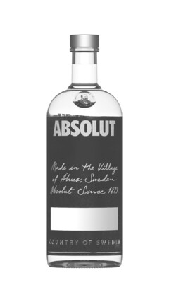 ABSOLUT Made in the Village of Åhus, Sweden. Absolut  Since 1879. COUNTRY OF SWEDEN