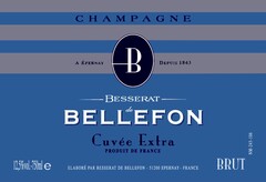 CHAMPAGNE A ÉPERNAY B DEPUIS 1843 BESSERAT de BELLEFON Cuvée Extra PRODUIT DE FRANCE ELABORÉ PAR BESSERAT DE BELLEFON - 51200 EPERNAY - FRANCE BRUT