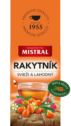 EXCLUSIVE TEA MISTRAL RAKYTNÍK PREMIUM QUALITY since 1955 SVIEŽI A LAHODNÝ BEST & FRUITY INGREDIENTS OVOCNÝ ČAJ