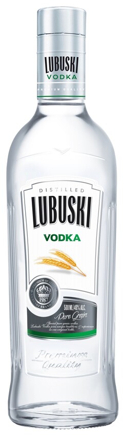 LUBUSKI VODKA PREMIUM QUALITY DISTILLED LUBUSKI VODKA PREMIUM QUALITY LUBUSKI BRAND SINCE 1987 500ML 40& ALC. Pure Grain PREMIUM QUALITY