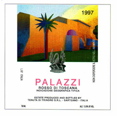 PALAZZI 1997 ROSSO DI TOSCANA INDICAZIONE GEOGRAFICA TIPICA ESTATE PRODUCED AND BOTTLED BY TENUTA DI TRINORO S.R.L. - SARTEANO - ITALIA 750ML ALC. 13.9% BY VOL. L97 ITALIA NON DISPERDERE IL VETRO NELL'AMBIENTE
