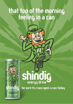 Shindig Energy Drink. 
That top of the morning feeling in a can. 
Be sure to crack a can open today.