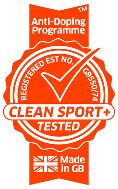 CLEAN SPORT+TESTED Anti Doping Programme REGISTERED EST N0. GB550/74 MADE IN GB