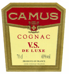 CAMUS COGNAC V.S. DE LUXE 70cl 40%vol PRODUCE OF FRANCE 16100 COGNAC FRANCE