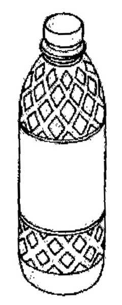A plastic bottle with a raised diamond pattern on the upper and lower portion of the bottle.