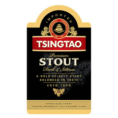 IMPORTED TSINGTAO Premium STOUT Dark & Intense A BOLD VELVETY STOUT BALANCED IN TASTE ESTD 1903 BREWED & BOTTLED BY TSINGTAO BREWERY CO., LTD. IN QINGDAO, CHINA