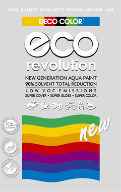 HIGH QUALITY DECO·MOTO·TECHNO AEROSOL LINE DECO COLOR eco revolution NEW GENERATION AQUA PAINT 90% SOLVENT TOTAL REDUTION LOW VOC EMISSIONS SUPER COVER · SUPER GLOSS · SUPER COLOR new